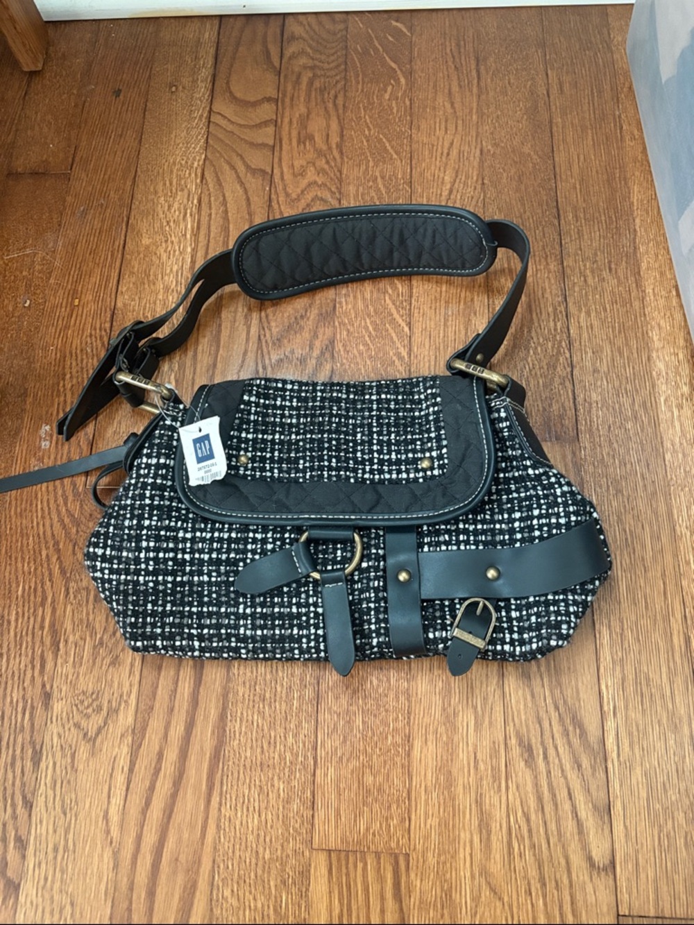 GAP Black & White Tweed Shoulder Bag with Leather Trim